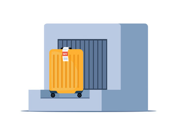 Baggage check-in. Suitcase with label on weighting luggage belt. Security check point, metal detector, x-ray scanner. Vector illustration.