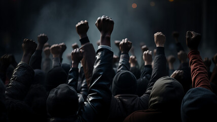 Raised fist of an activist in a crowd of protesting people. Generative AI