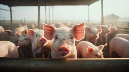 Pigs in a pen on an organic livestock farm. Generative AI - obrazy, fototapety, plakaty