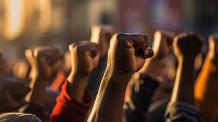 Fototapeta na wymiar Raised fist of an activist in a crowd of protesting people. Generative AI
