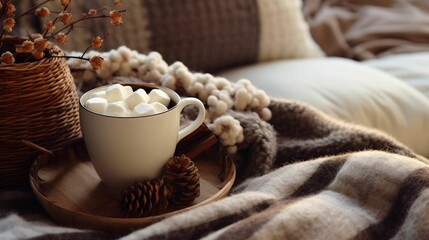 AI generated illustration of a mug with a fluffy topping on a tray in front of a striped blanket