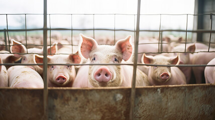 Pigs in a pen on an organic livestock farm. Generative AI - obrazy, fototapety, plakaty