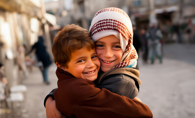Fototapeta premium Arab and Jewish children embracing in a hug of peace, smiles on refugee faces. Friendship amid conflict and war. Shallow depth of field, copy space.