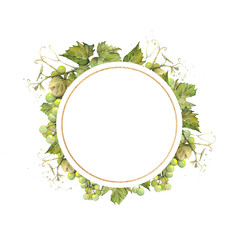 Round golden frame with a bunch of green grapes drawn in watercolor with space for text
