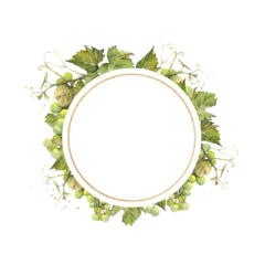 Fotobehang Round golden frame with a bunch of green grapes drawn in watercolor with space for text © Anna