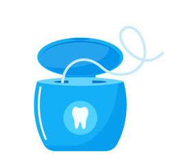 Dental floss, medical and dentistry healthcare. Thread of floss silk to clean between the teeth after eating. Vector illustration.