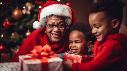 Fototapeta na wymiar copy space, stockphoto, afro american grandmother with grandchildren celebrating christmas, opening presents. Portrait of a happy grandmother with her grandchildren during Christmas time. Togetherness