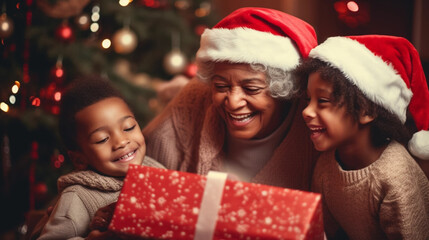 Obraz na płótnie Canvas copy space, stockphoto, afro american grandmother with grandchildren celebrating christmas, opening presents. Portrait of a happy grandmother with her grandchildren during Christmas time. Togetherness