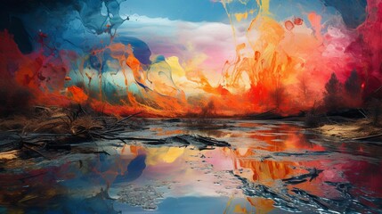 AI generated illustration of an oil painting of a vibrant sunset with clouds in the sky