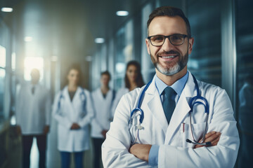 Smiling doctor or surgeon with hospital team in the background wearing white attire and with stethoscope around his neck looking straight at the camera.Health and medicine theme.generative ai
 - obrazy, fototapety, plakaty