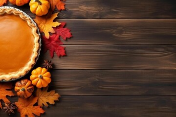 AI generated illustration of a freshly baked pumpkin pie placed on a wooden table with fall leaves