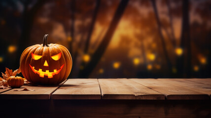 Halloween Pumpkin with Glowing Eyes, Forest Sunset Halloween Scene