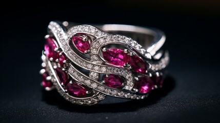 A close-up of a dazzling ruby and diamond ring set in luxurious white gold