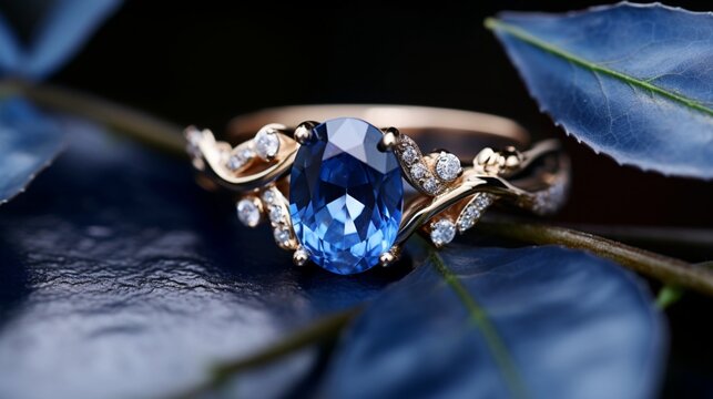 A close-up of a golden engagement ring with an oval-cut sapphire and sparkling diamonds