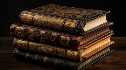 A pile of aged leather-bound books with textured covers and gold embossing