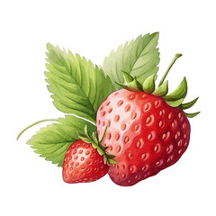 Sweet tasty strawberry with leaves watercolor paint on white background