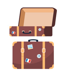 Retro leather suitcase with metal corners, belts and handle. Suitcase, open and closed. Vacation and travel concept. Vintage bag. Front view. Vector illustration.
