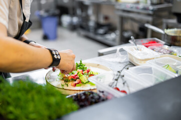 Chef cooking Green salad with salmon, cucumbers, lettuce, spices, caviar on restaurant kitchen