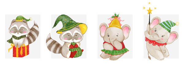 Watercolor Christmas cute Raccoon and elephant cartoon character design collection with different on white background. Vector illustration