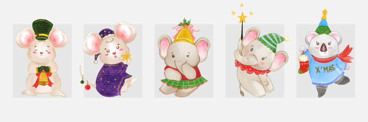 Watercolor Christmas cute rat, elephant and koala cartoon character design collection with different on white background. Vector illustration