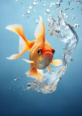 A goldfish is just jumping from a fishbowl and looking back the water splashing with blue background created with Generative Ai