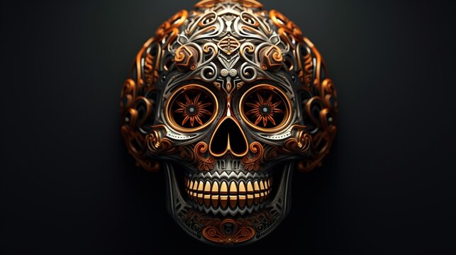 ancient sugar skull centred, dark mytsical background, orange, black and gold colours