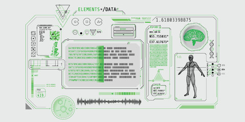 Futuristic medical research program interface with data decoding.