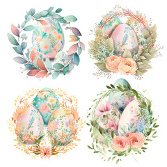Floral spring templates with cute flowers and painted eggs. For romantic and easter design, announcements, greeting cards, posters, advertisement. Digital paper, easter wreath file