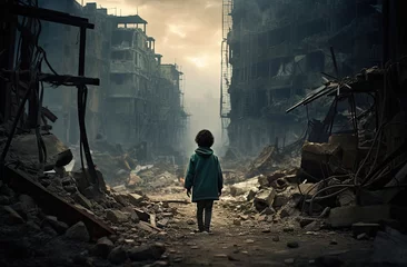 Fotobehang A child stands in front of buildings that have collapsed due to war © jambulart