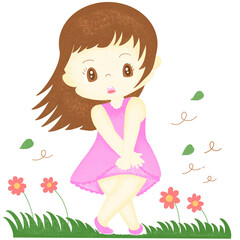 The wind blows the girl's skirt open