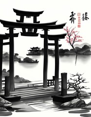 Japanese Torii Gate in Chinese Ink Painting (AI Generated Digital Art) - obrazy, fototapety, plakaty