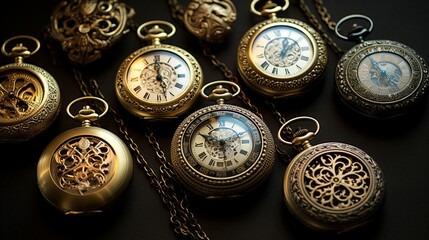 A collection of intricately designed, vintage pocket watches with decorative chains