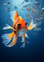 A goldfish is just jumping from a fishbowl and looking back the water splashing with blue background created with Generative Ai