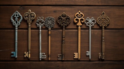 A collection of various keys on a wooden surface, including old-fashioned skeleton keys and modern keys with intricate patterns - obrazy, fototapety, plakaty
