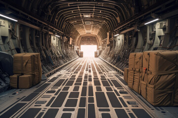 The interior of a military transport plane with cargo or aid for Ukraine.generative ai
 - obrazy, fototapety, plakaty