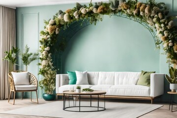 Home interior background, frame mock up with green furniture.