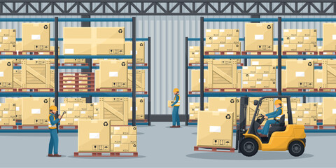 Warehouse interior with pallet racks with stacked boxes. Industrial worker driving a forklift. Forklift driving safety. Cargo and shipping logistics. Industrial storage and distribution of products - obrazy, fototapety, plakaty