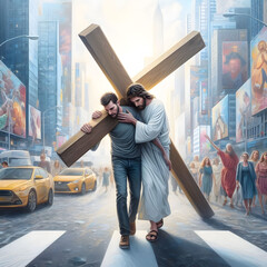 Jesus helping man carry cross - obrazy, fototapety, plakaty