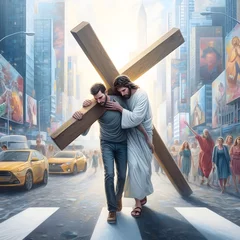 Fotobehang Jesus helping man carry cross © masterofmoments