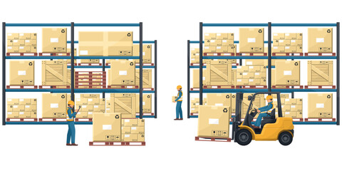 Warehouse interior with pallet racks with stacked boxes. Industrial worker driving a forklift. Forklift driving safety. Cargo and shipping logistics. Industrial storage and distribution of products