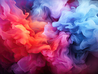 Craft an abstract background or wallpaper with vivid and intense contrasting colors of red, blue, and purple, featuring dramatic smoke and fog.