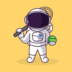 Little Cute Astronaut Kids Playing Tennis. Cartoon Illustration Design. Isolated Premium Vector File, background is easy to edit. Can use for Icon, Logo, banner, flyer or any design project