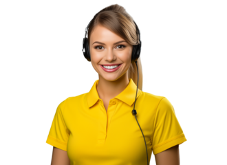 portrait of a young woman customer service representative wearing headphones in yellow clothes with a gentle smile, providing excellent support and assistance