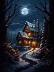 Fototapeta na wymiar A Cozy and Enchanted Cottage in the Snowy Forest under the Full Moon