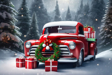 A red pickup truck decorated with gift boxes and a Christmas wreath stands in the woods, Santa Claus' magical transportation. New Year and Christmas background - obrazy, fototapety, plakaty