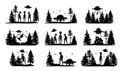 aliens, forest vector silhouette collection