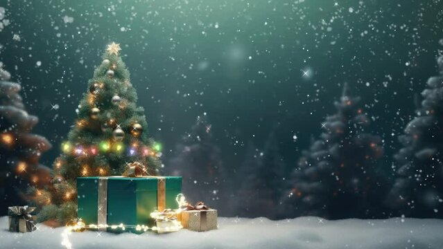 christmas decoration with tree, snowman and gifts. with cartoon style. seamless looping time-lapse virtual video animation background.