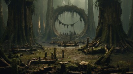 A ring of ancient, weathered tree trunks standing in a mysterious forest clearing