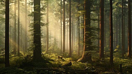 A serene forest scene with sunlight filtering through tall trees, creating captivating patterns