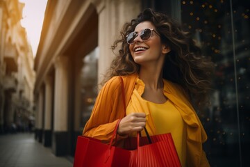 Fototapeta premium Fashionable Young Woman Enjoying Shopping on Vibrant City Street